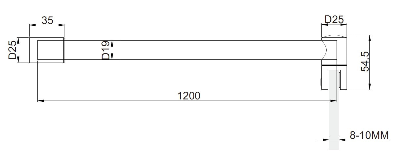 Technische Maßzeichnung der runden Stabilisationsstange, 1200 mm lang, Ø 25 mm, für 8–10 mm Glas